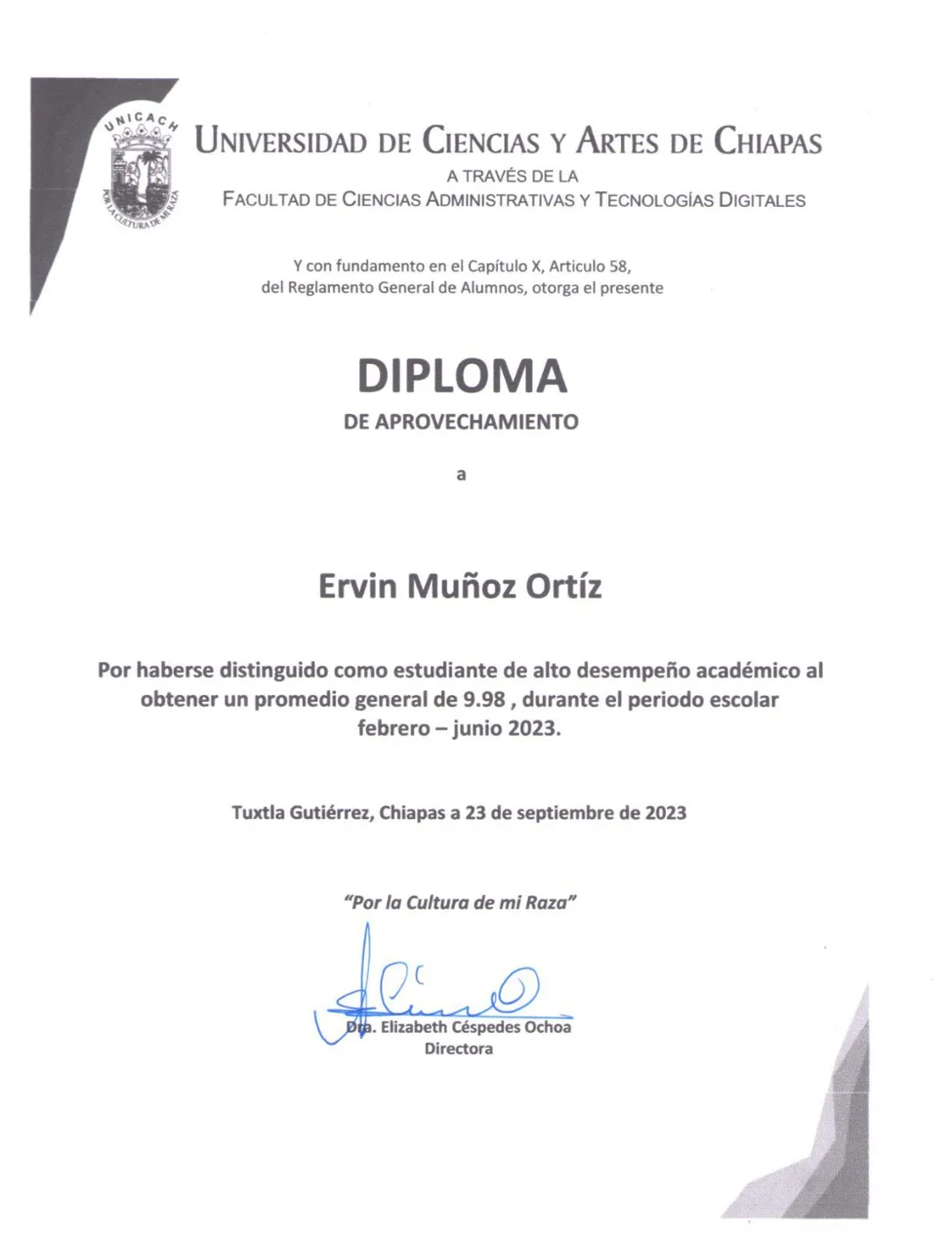 Documento: Diploma de aprovechamiento, UNICACH · Facultad de Ciencias Administrativas y Tecnologías Digitales
